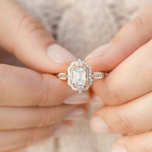 ‼️Sale Romantic 14K Rose Gold Emerald Cut White Sapphire Halo Engagement Ring